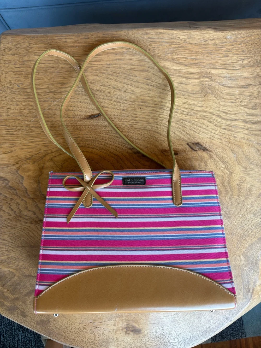 Kate Spade Striped Pink Canvas Tote with Tan Trim and Bow